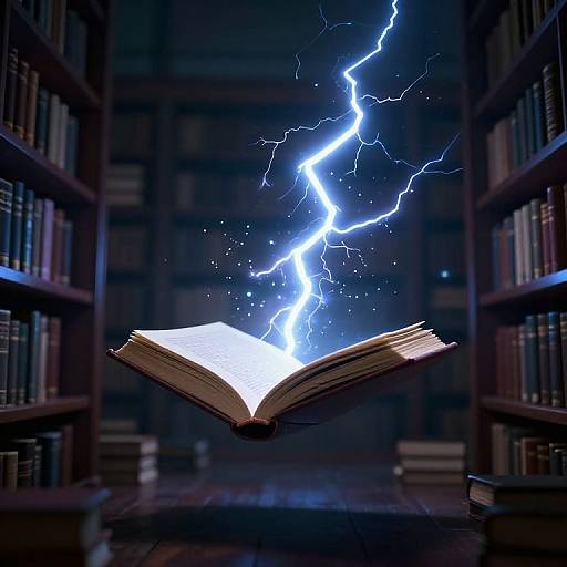 Photograph of an open book emitting blue lightning bolts in a dark, book-filled library with tall shelves on either side.