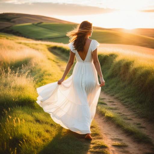 Woman Walking on Grassy Path at Sunset