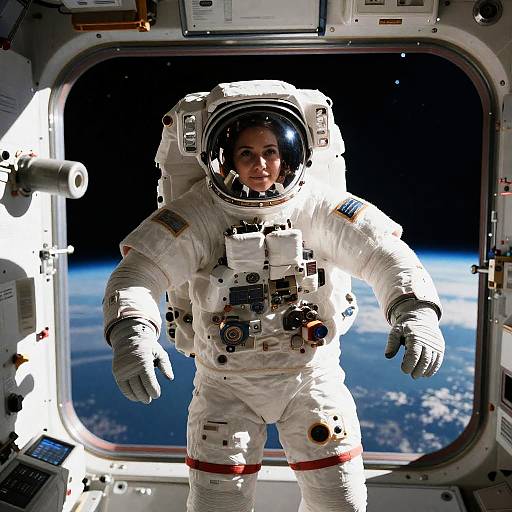 Realistic Female Astronaut in Space Station