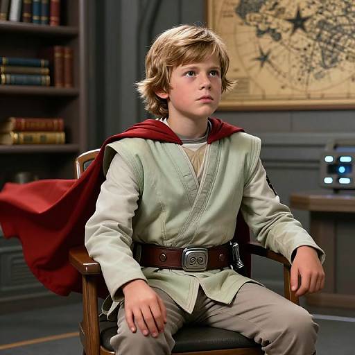 Young boy with blonde hair, light green tunic, red cape, brown belt, seated in library with bookshelves and map in background.