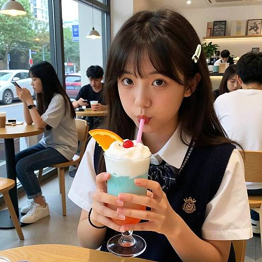 Photograph of an Asian woman with black hair, wearing a white shirt and black vest, drinking a colorful dessert milkshake in a bright café with other