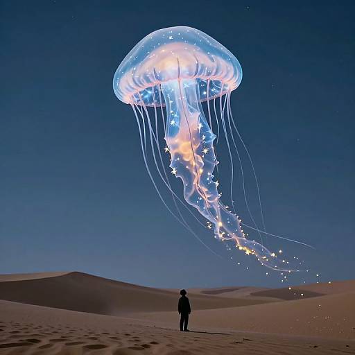 Photograph-like digital art: Silhouetted person stands in desert under glowing, star-adorned jellyfish against night sky. Vibrant,