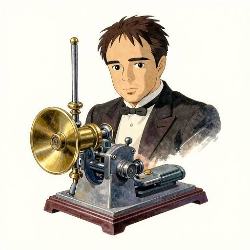 Digital illustration of a young man in a black tuxedo with a bow tie, operating an antique phonograph with a brass horn.