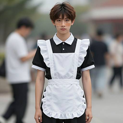 Photograph of a young Asian man with short brown hair, wearing a black and white French maid outfit, standing in a blurred outdoor urban setting with blurred