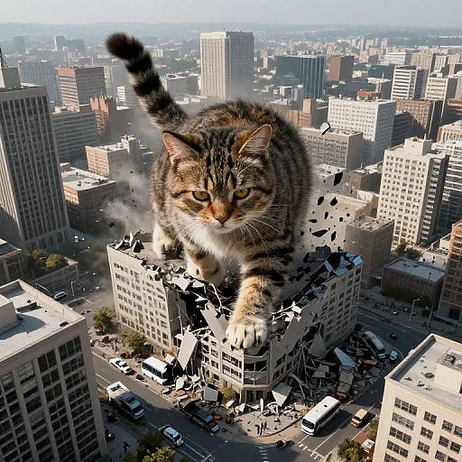 CGI image of a giant tabby cat with green eyes standing on a city building, causing destruction, with skyscrapers in the background.