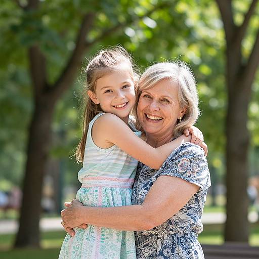 Photograph of a smiling elderly woman with blonde hair hugging a happy young girl in a white dress in a sunlit park.