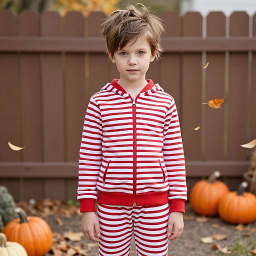 Photograph of a young boy with messy brown hair, wearing red and white striped pajamas, standing in front of a brown fence with pumpkins and