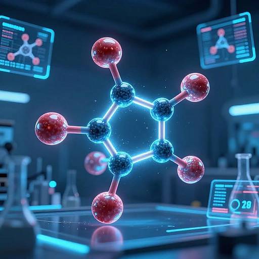 Digital CGI image of a glowing, neon blue molecular model with red spheres in a futuristic laboratory, surrounded by blue-lit screens.