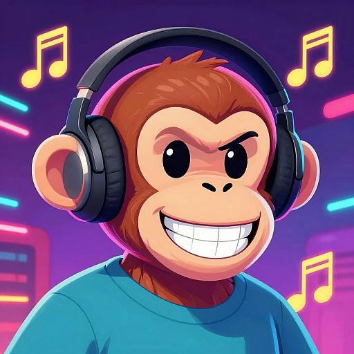 Cartoon monkey with brown fur, big grin, black headphones, blue shirt, neon musical notes background, vibrant digital art style.