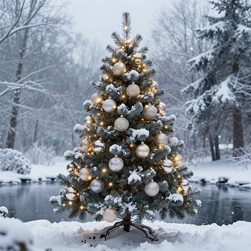 Decorated Christmas Tree in Snowy Winter Landscape
