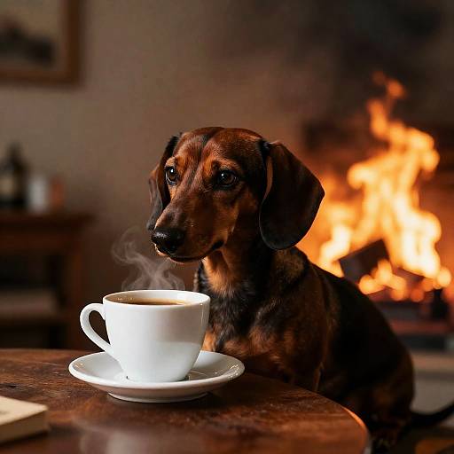Dachshund Calmly Drinking Coffee as Room Burns
