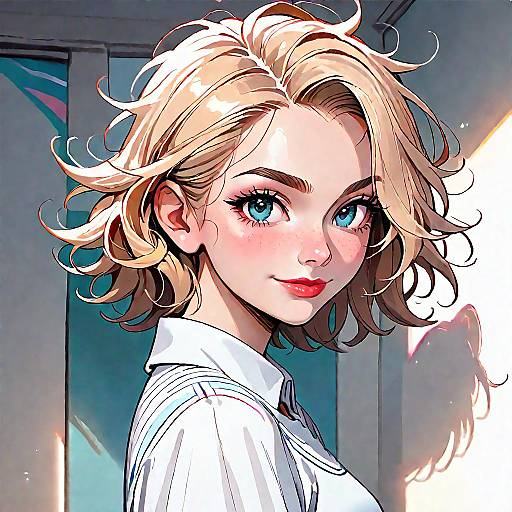 Digital anime-style portrait of a blonde, blue-eyed woman with wavy hair, smiling, wearing a white shirt, against a colorful, abstract background.