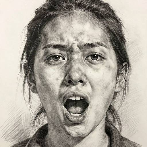 Black and white pencil drawing of a woman with an open mouth, showing anger or shouting, detailed facial expressions, messy hair, and textured background.