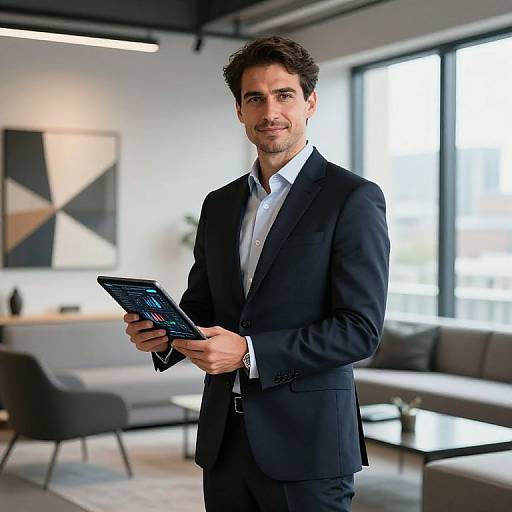 Photograph of a handsome, dark-haired man in a black suit holding a tablet, standing in a modern, well-lit office with large windows and
