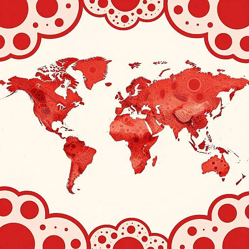 Crimson Red World Map with Polka Dot Motifs