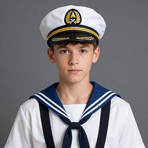 Photograph of a young boy with light skin and brown hair, wearing a white sailor hat and uniform with dark blue accents.