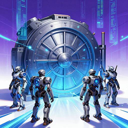 Digital art of six futuristic, blue-accented robots standing before a massive, circular, metallic door with glowing blue lines in a high-tech, purple