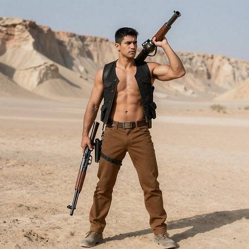 Desert Warrior Holding Rifle and Launcher