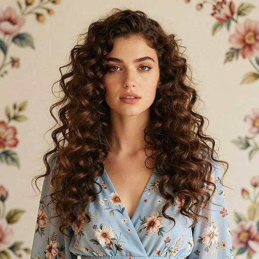 Photograph of a fair-skinned woman with long, curly brown hair, wearing a light blue floral blouse, against a floral-patterned background.