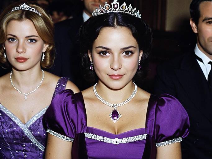 Photograph of two young women in purple satin gowns and silver tiaras, with pearl necklaces, standing side-by-side in a formal event.