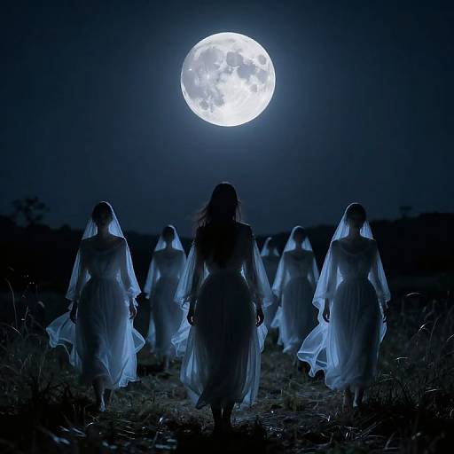 Photograph of ghostly women in white, flowing dresses and veils, walking towards a bright full moon in a dark, moonlit field.