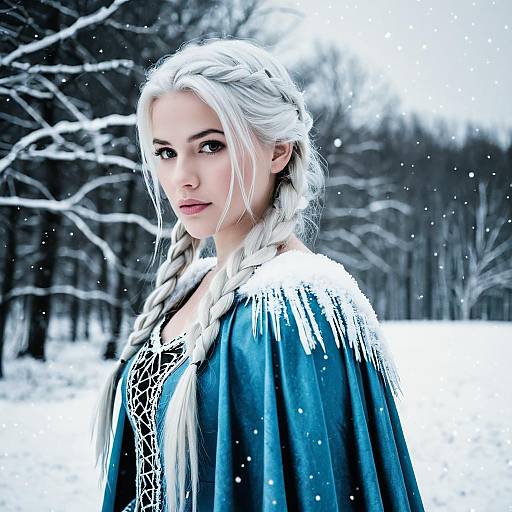 Woman in Ice-themed Costume with Twin Braids in Snow