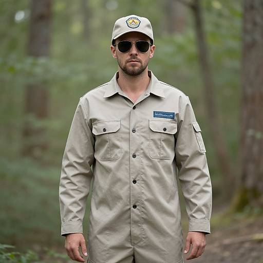 Photograph of a serious, bearded man in a beige forest ranger uniform with a name tag, black sunglasses, and cap, standing in a blurred