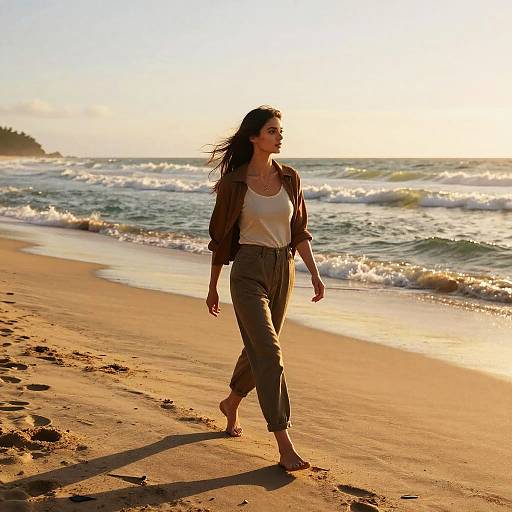 Chic Woman Walking Beach Sunset