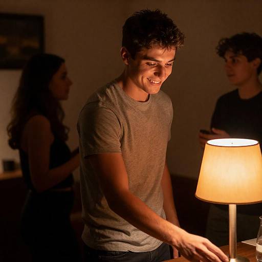 Young Man Reaching for Orange Lamp