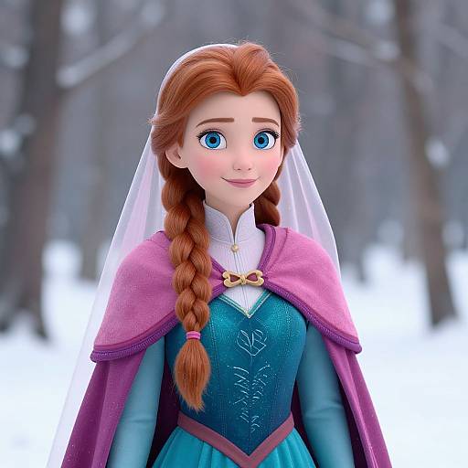 Digital CGI of Elsa from Frozen, with red braided hair, blue eyes, wearing a purple cape, white veil, and teal dress, in a