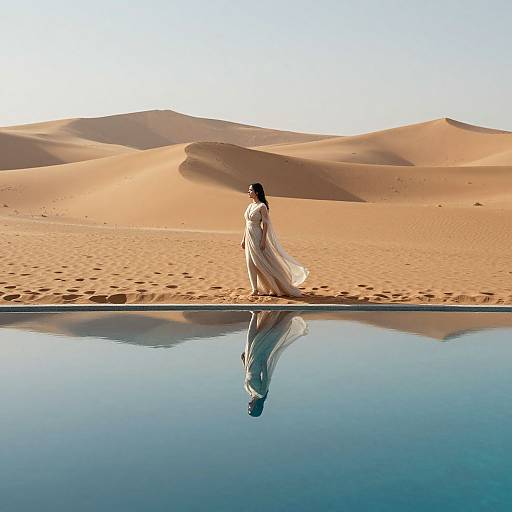 Photograph of a woman in a flowing white dress standing by a reflective pool in a desert with golden sand dunes.