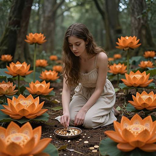 Photograph of a young woman with long brown hair, wearing a beige dress, kneeling in a forest, lighting a lantern among vibrant orange lotus flowers