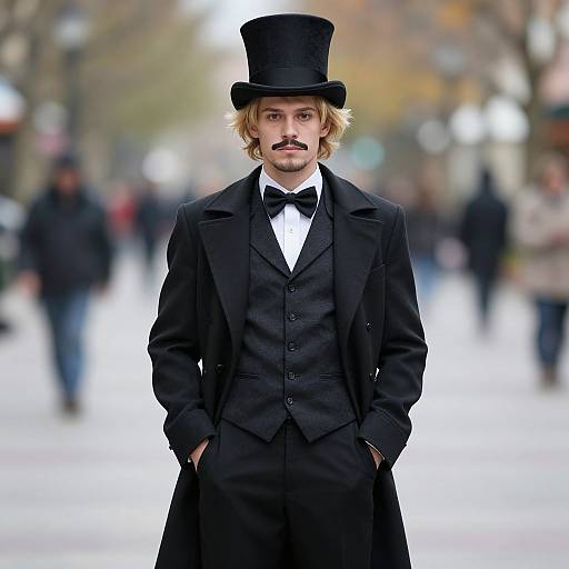 Photograph of a young man with blonde hair and a mustache, wearing a black top hat, black three-piece suit, and bow tie, standing