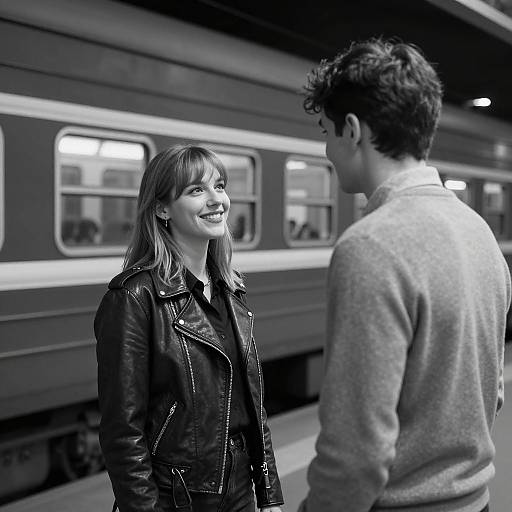 Nighttime Train Encounter in Black and White