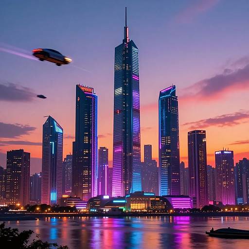 Futuristic Cyberpunk Cityscape at Sunset