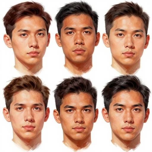 Digital image of six Asian men with diverse hair styles, neutral expressions, and light to medium skin tones, arranged in two rows on a white background.