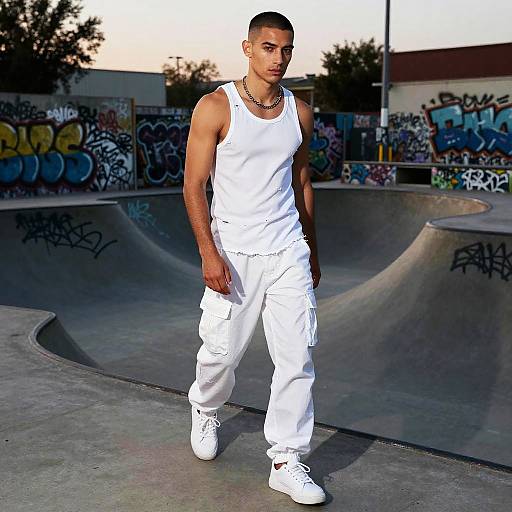 Photograph of a muscular, young Black man with a buzz cut, wearing a white tank top and pants, standing in a graffiti-covered skate park at