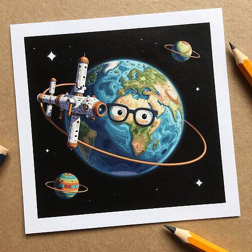 Colorful, cartoon-style drawing of a spaceship with glasses flying near Earth, surrounded by planets, on a white-bordered black background with pencils on a brown