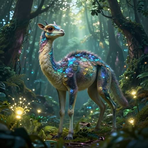 Digital fantasy artwork of a glowing, iridescent forest unicorn with colorful scales, standing in a mystical forest illuminated by fairy lights.
