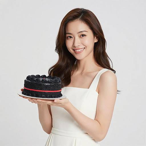 Photograph of a smiling Asian woman with long brown hair, wearing a white dress, holding a black frosted cake with a red border, against a