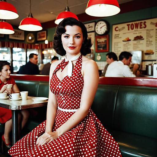 Woman in Vintage Red Polka Dot Dress in Retro Diner