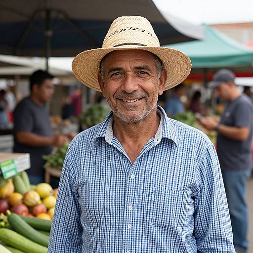 Photograph of an older, smiling, Hispanic man with gray beard, wearing a straw hat and blue checkered shirt, standing at a vibrant outdoor market