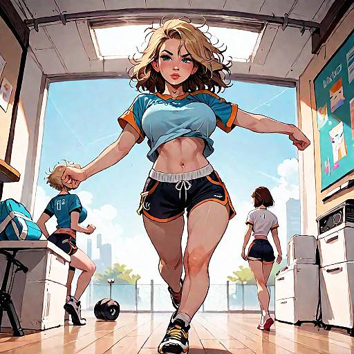 Digital illustration of a confident, curvy woman with blonde hair in a blue crop top and black shorts leading a gym class in a brightly lit, modern