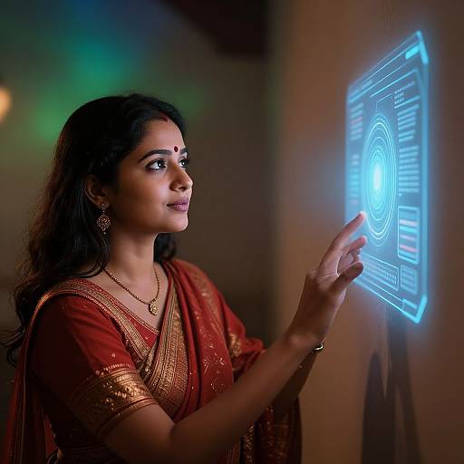 Photograph of a South Asian woman in a red traditional sari, with dark hair and a bindi, interacting with a glowing blue holographic interface