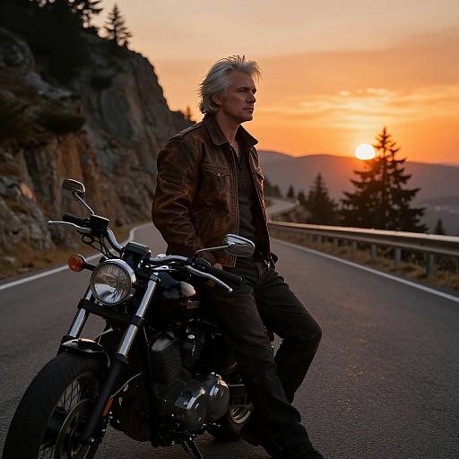 Photograph of a silver-haired man in a brown leather jacket, sitting on a black motorcycle at sunset on a mountain road.