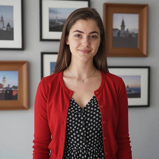 Smiling young woman in red cardigan