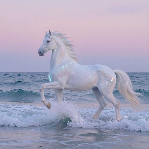 Photograph of a white, glowing, magical horse galloping through ocean waves at sunset, with sparkling lights on its body.