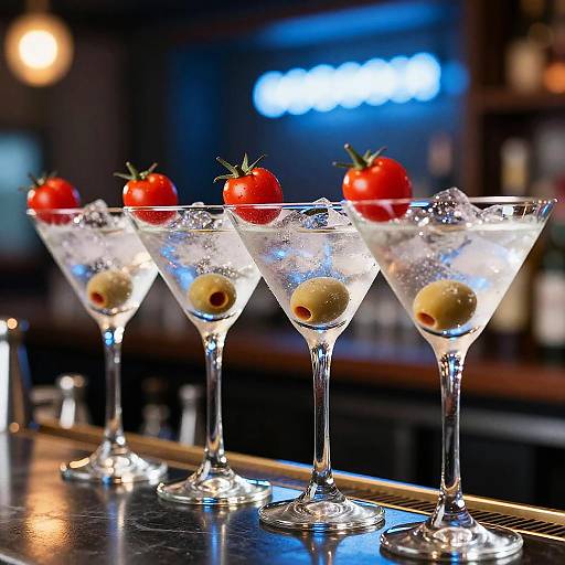 Photograph of four martini glasses on a bar counter, each filled with clear liquid, garnished with olives and cherry tomatoes, with ice cubes