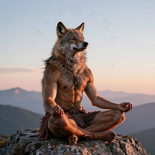 Photograph of a muscular, anthropomorphic wolf with brown fur, meditating in a lotus position on a rocky mountain top at sunset, wearing a