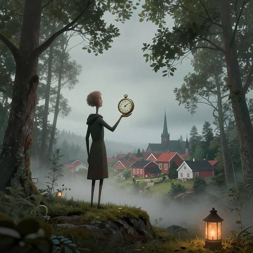 Photorealistic digital art: Silhouetted girl with curly hair and black dress, holding pocket watch, stands in misty forest, overlooking quaint